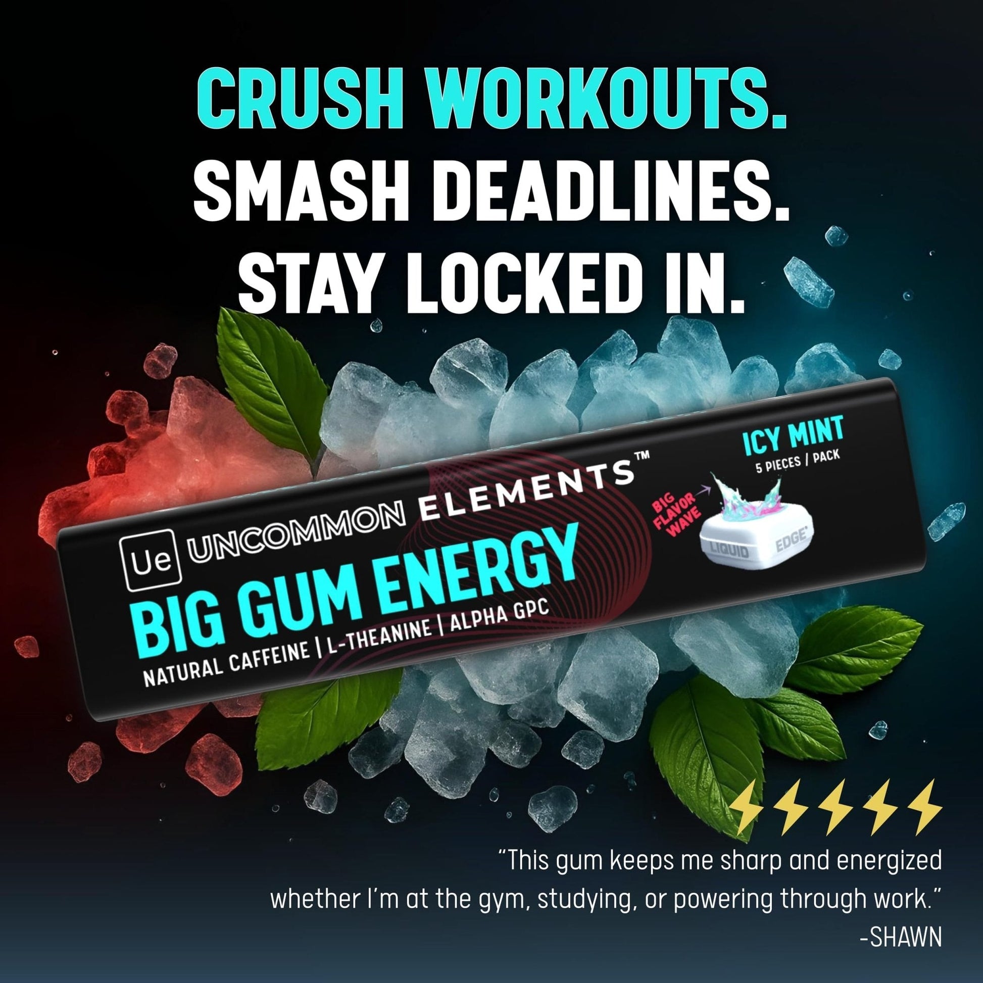 BIG GUM ENERGY & FOCUS – 80mg Caffeine + 40mg L-Theanine + 80mg Alpha GPC – Nootropic Chewing Gum for Focus, Energy & Execution – Icy Mint – 25 Pieces (5 Packs) Gym & Work Execution. - Maple Wellness Supplements