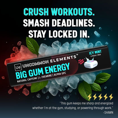 BIG GUM ENERGY & FOCUS – 80mg Caffeine + 40mg L-Theanine + 80mg Alpha GPC – Nootropic Chewing Gum for Focus, Energy & Execution – Icy Mint – 25 Pieces (5 Packs) Gym & Work Execution. - Maple Wellness Supplements