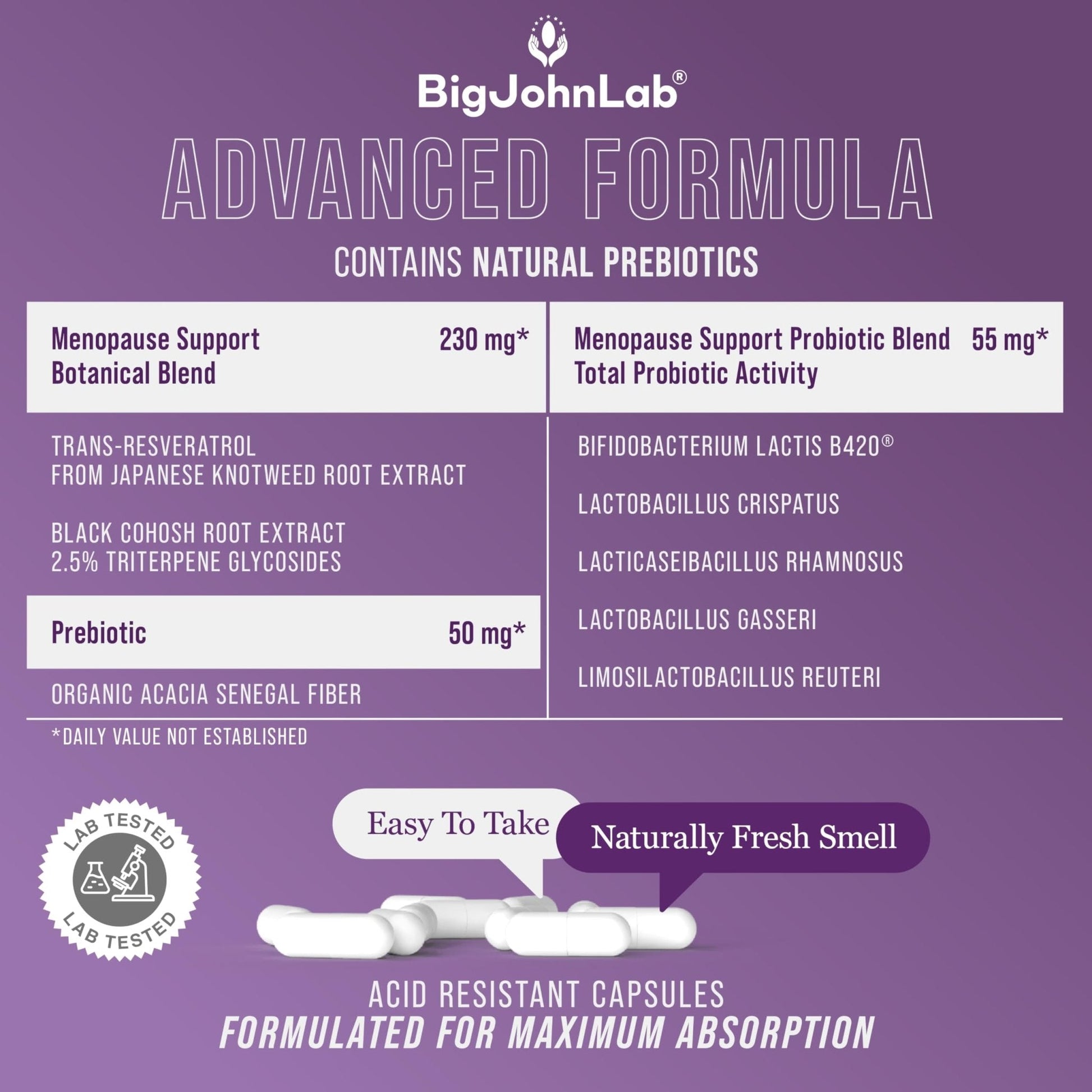 BIGJOHNLAB® - Menopause Total Support – Advanced Probiotic Formula with 5 Strains & 15 Billion CFU, Resveratrol, Black Cohosh, Acacia Fiber, Non-GMO & 100% Vegetarian - Maple Wellness Supplements