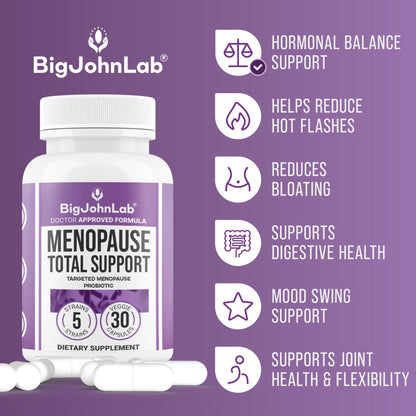 BIGJOHNLAB® - Menopause Total Support – Advanced Probiotic Formula with 5 Strains & 15 Billion CFU, Resveratrol, Black Cohosh, Acacia Fiber, Non-GMO & 100% Vegetarian - Maple Wellness Supplements