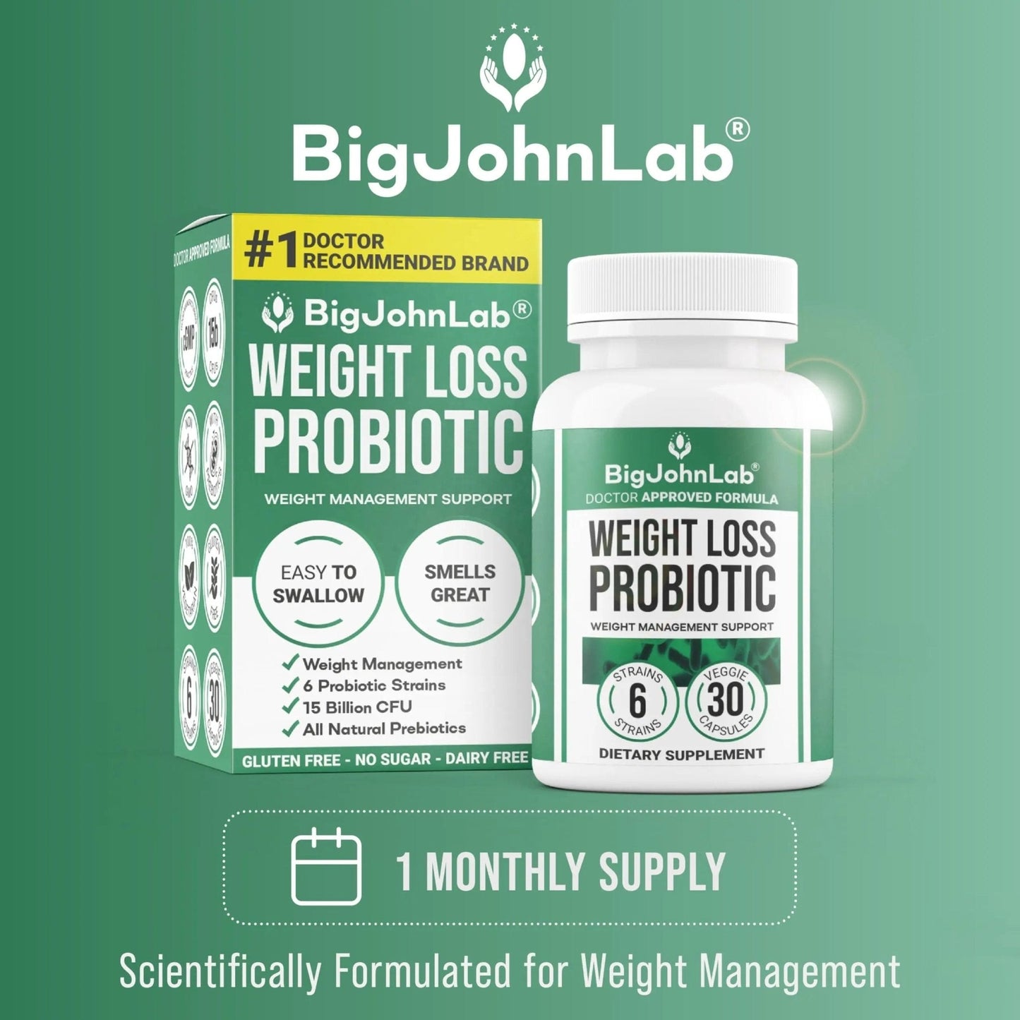 BIGJOHNLAB® - Probiotics for Weight Management & Bloating - 6 Probiotic Strains - Prebiotics - Key Ingredient Cayenne & Green Tea - Supports Gut Health - Weight Management for Women & Men - 30 CT - Maple Wellness Supplements