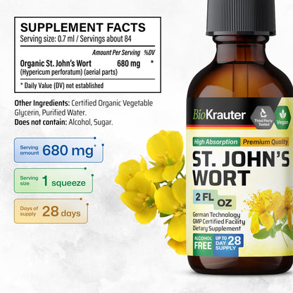 BIO KRAUTER® St Johns Wort for Calm & Mood Support - Vegan St. John's Wort for Relaxation & Emotional Wellness Support - Calm Drops 2 Fl.Oz., 28-Day Supply, Alcohol & Sugar Free Herbal Supplements - Maple Wellness Supplements