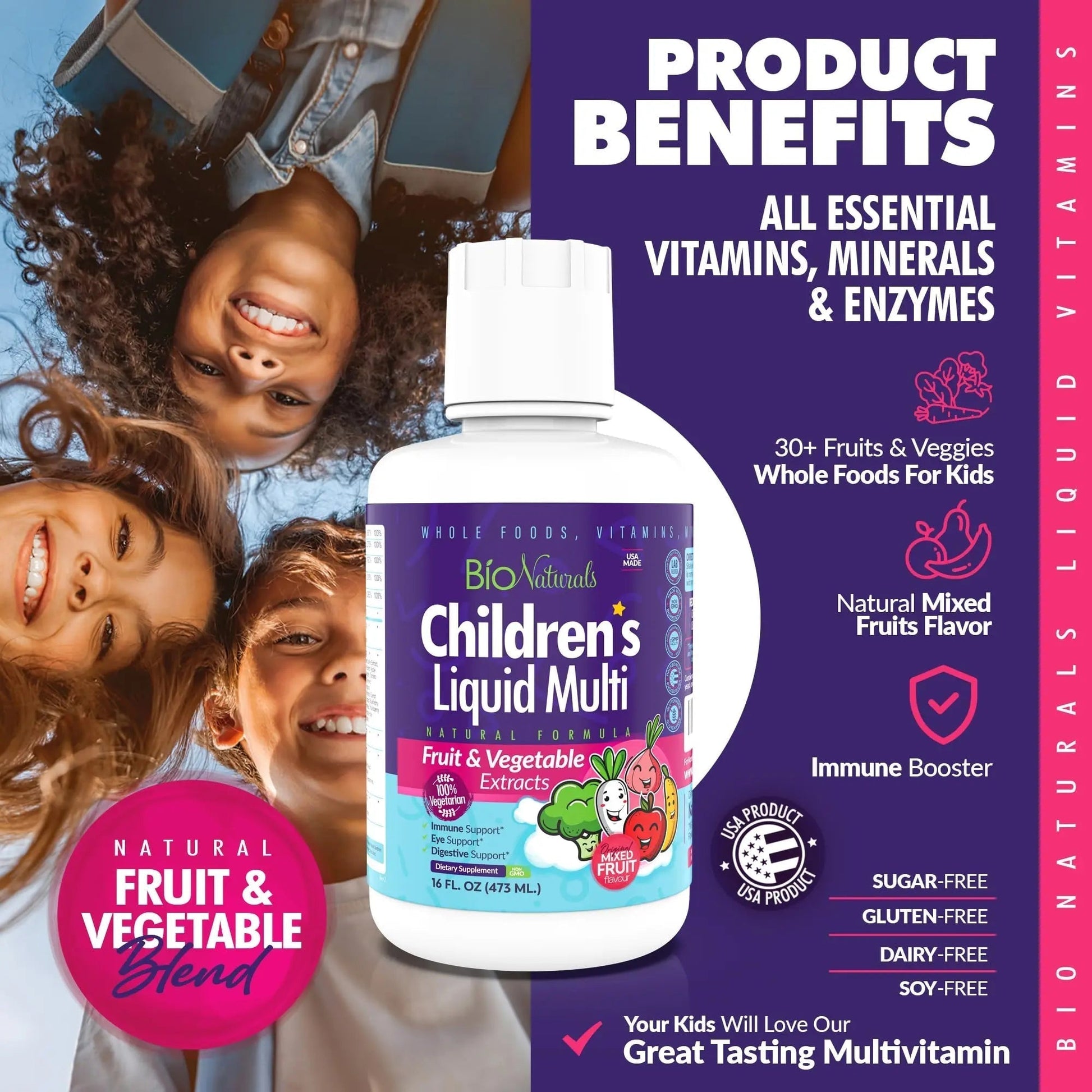 Bio Naturals Children's Liquid Multivitamin & Immune Booster - Natural Supplement for Kids & Toddlers with Vitamins A B C D3 E, Fiber - Maple Wellness Supplements