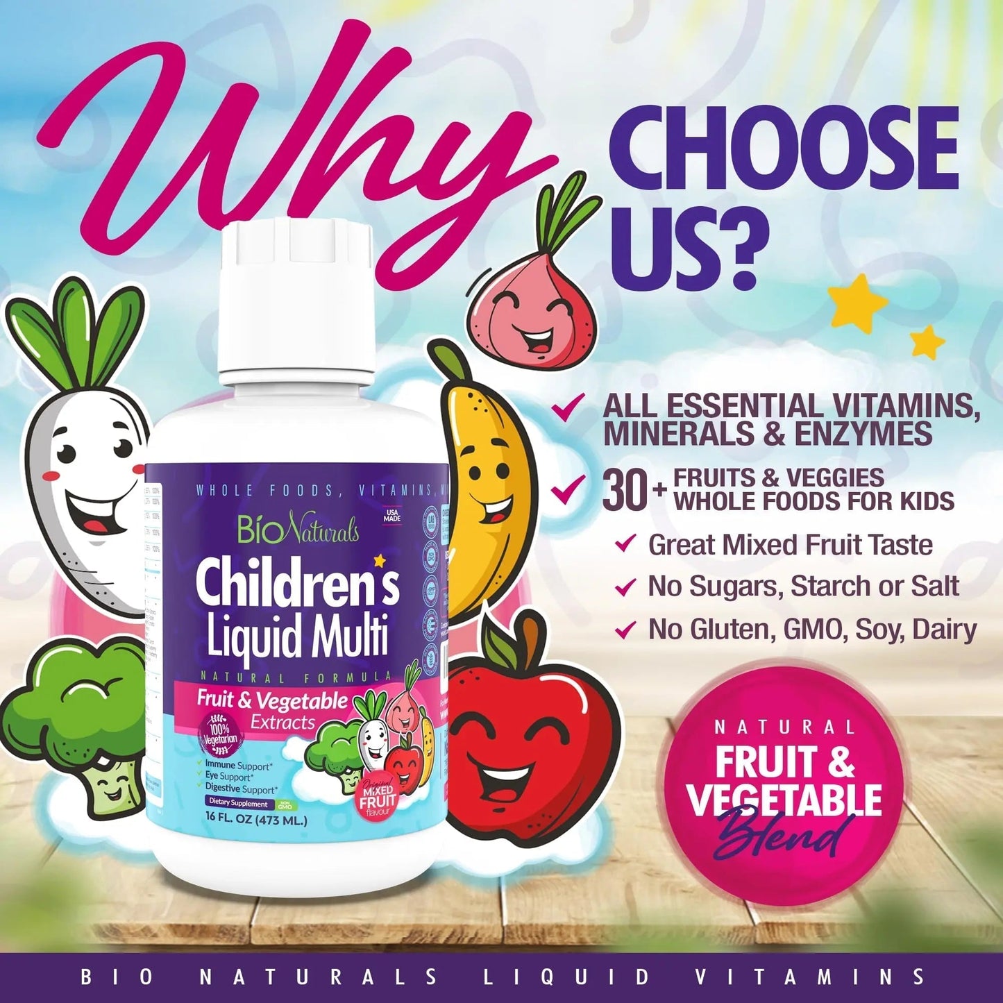 Bio Naturals Children's Liquid Multivitamin & Immune Booster - Natural Supplement for Kids & Toddlers with Vitamins A B C D3 E, Fiber - Maple Wellness Supplements