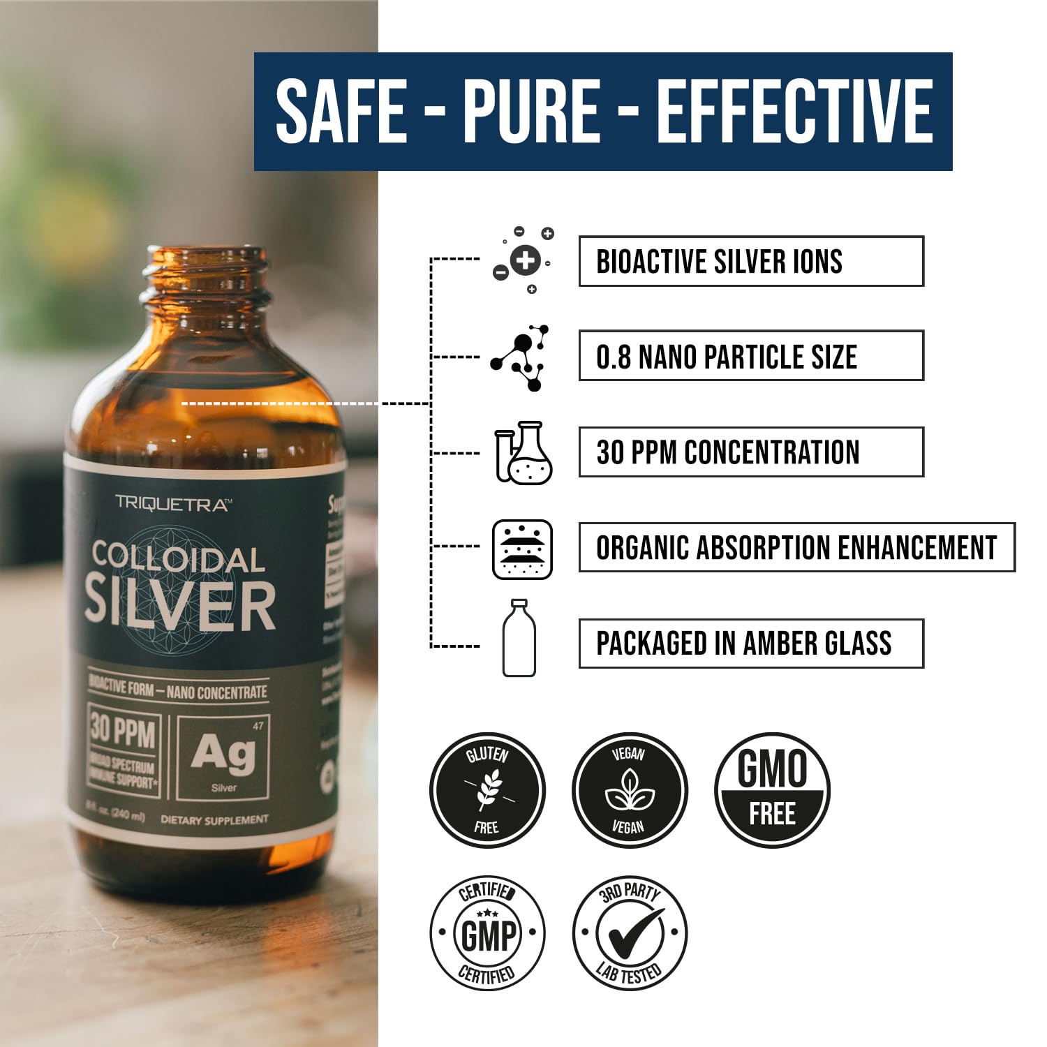 Bioactive Colloidal Silver - 8 oz, Glass Bottle, Vegan, Safe Doses with Highest Effectiveness - Nano Ions, 30 PPM - Immune Support (48 Servings) - Maple Wellness Supplements