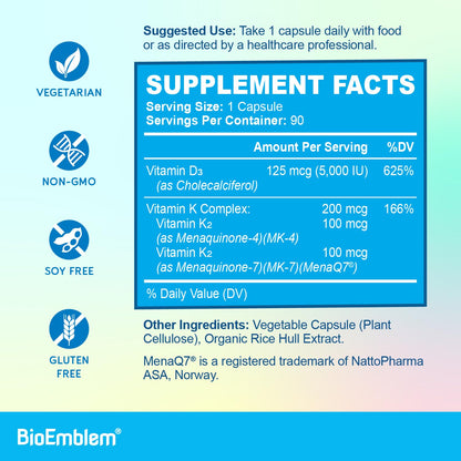 BioEmblem Vitamin D3 K2 Capsules (5000IU and 200mcg) - Patented MK7 and MK4 for 3-in-1 Complex Support - Vegetarian Vitamin D K2 Supplement for Teeth, Heart, Immune System - Non-GMO, 90 Caps - Maple Wellness Supplements