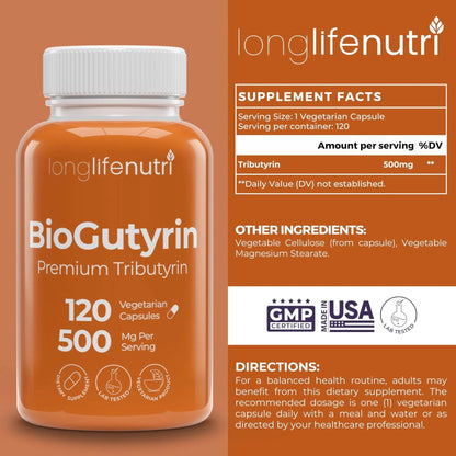 BioGutyrin – Tributyrin 500mg, Postbiotic Supplement for Gut Function & Nutrient Absorption, 120 Vegetarian Capsules, Butyric Acid for Butyrate Production, 4-Month Supply, GMP Certified, Made in USA - Maple Wellness Supplements