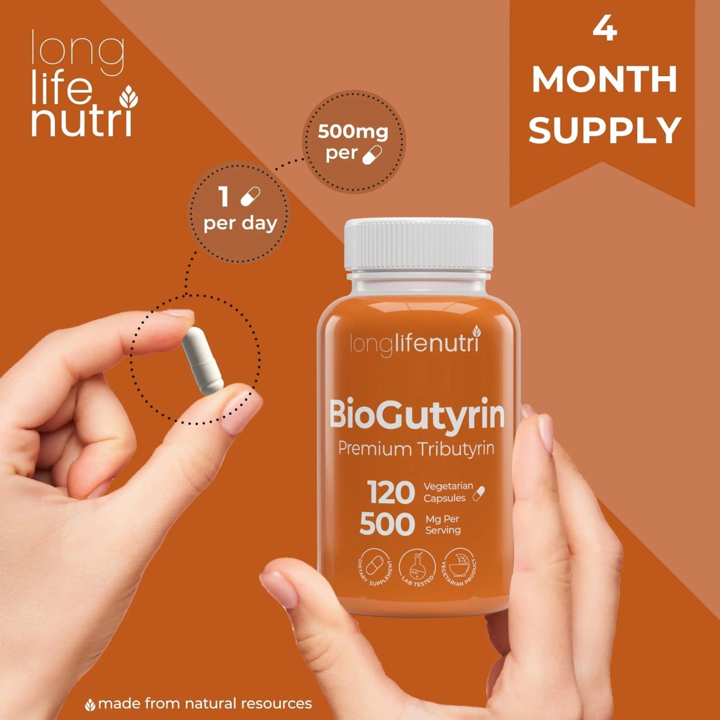BioGutyrin – Tributyrin 500mg, Postbiotic Supplement for Gut Function & Nutrient Absorption, 120 Vegetarian Capsules, Butyric Acid for Butyrate Production, 4-Month Supply, GMP Certified, Made in USA - Maple Wellness Supplements