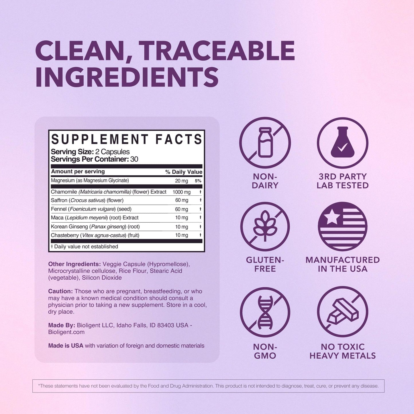 Bioligent Menopause Support Supplement for Women, Hot Flash, Sleep, Mood & Focus Support, Hormone-Free with Maca, Ginseng, Chamomile & Saffron, Non-GMO, 60 Capsules, 30 Day Supply - Maple Wellness Supplements