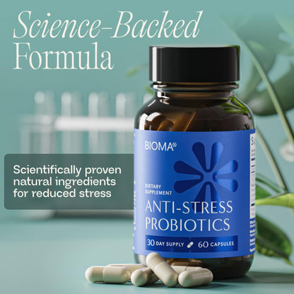 BIOMA Anti-Stress Probiotics – 3-in-1 Gut-Brain Axis Support for Stress Relief & Mood – Prebiotics, Postbiotics & Clinically Studied Strains – Vagus Nerve - Maple Wellness Supplements