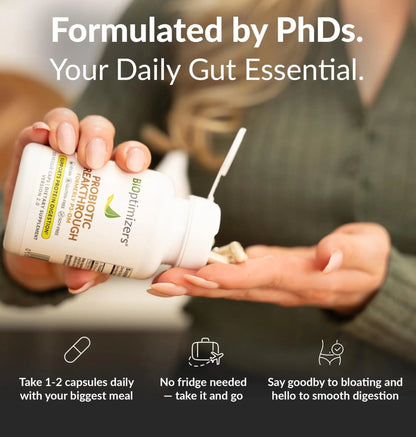 BIOptimizers Probiotic Breakthrough – Lactobacillus Plantarum OM Probiotics & Prebiotics Health Supplement for Gut, Digestive & Immune Support Probiotics for Women Men Elderly– 30 Vegan Capsules - Maple Wellness Supplements