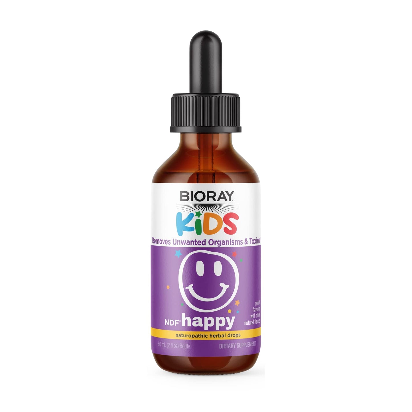 BIORAY Kids NDF Happy, Peach - 2 fl oz - Removes Unwanted Organisms That Can Trigger Irritability - 1-2 Month Supply - Maple Wellness Supplements