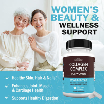 BioSchwartz Hydrolyzed Collagen Peptide Capsules - Multi Collagen Supplements for Women Types I, II, III, V, X with Vitamin C, Biotin, - Maple Wellness Supplements
