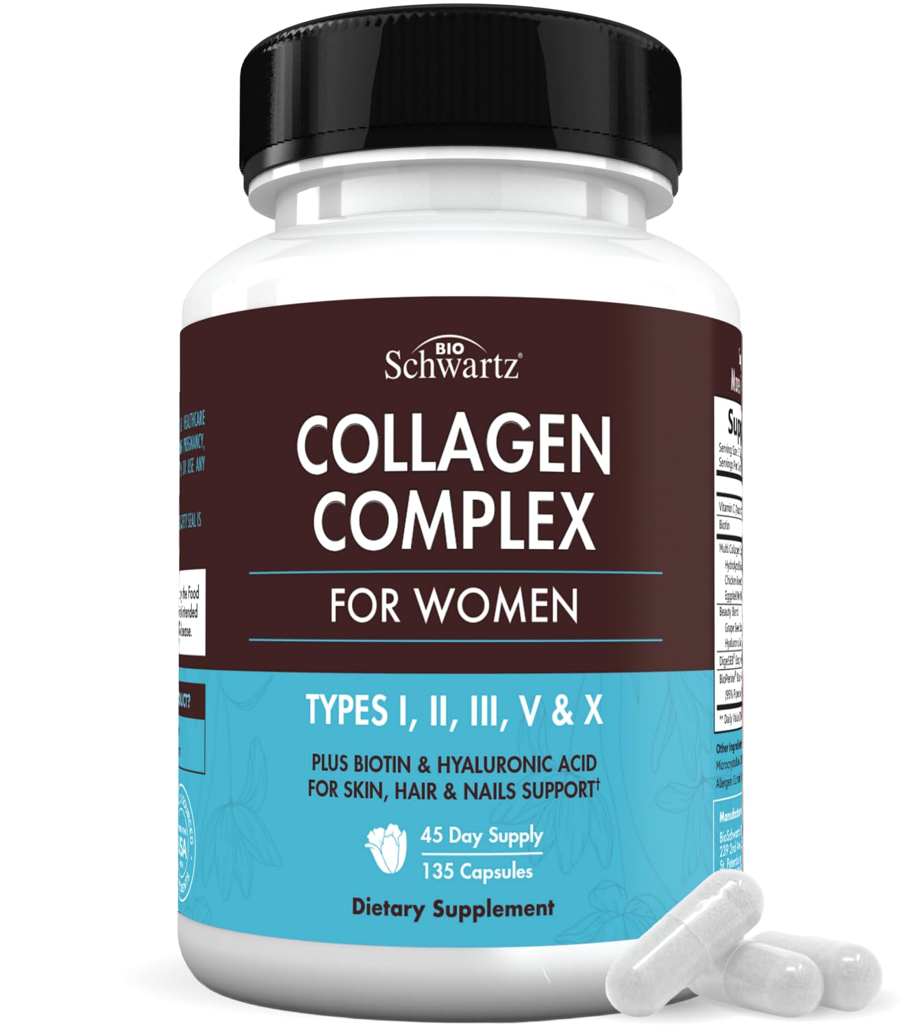 BioSchwartz Hydrolyzed Collagen Peptide Capsules - Multi Collagen Supplements for Women Types I, II, III, V, X with Vitamin C, Biotin, - Maple Wellness Supplements