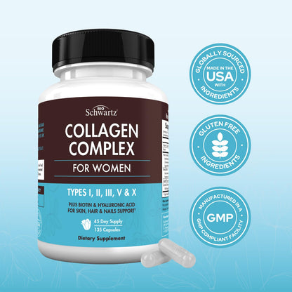 BioSchwartz Hydrolyzed Collagen Peptide Capsules - Multi Collagen Supplements for Women Types I, II, III, V, X with Vitamin C, Biotin, - Maple Wellness Supplements