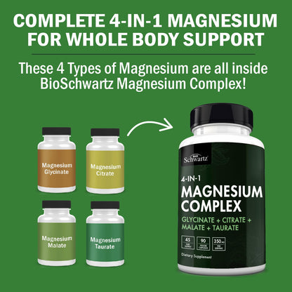 BioSchwartz Magnesium Complex Supplement (90 Capsules) 350mg Magnesium Glycinate Citrate Malate and Taurate Per Serving for Healthy Nerves Muscles Heart Sleep Support (Vegan, Gluten-Free, Non-GMO) - Maple Wellness Supplements