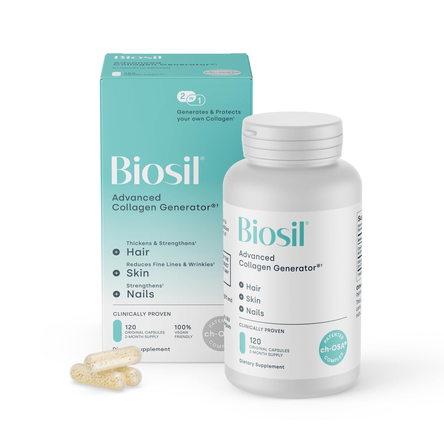 Biosil Collagen Booster Supplement - 120 Original Capsules - Patented ch-OSA Activator for Skin, Hair, Nails & Joints - Maple Wellness Supplements