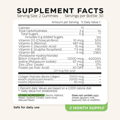 Biotin for Hair Growth Women/Men 12000mcg, Skin & Nails Support Gummies + 70000mcg Collagen Peptides (Collagen Powder in Gummy Form) + 20000mcg Keratin + Retinol, Sugar Free, 120 Gummies (2 Pack) - Maple Wellness Supplements