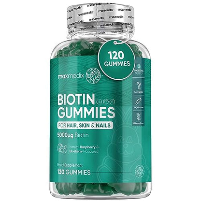 Biotin Gummies 5000mcg - with Vitamin A, B, C, D, E & Selenium – 120 Hair Nails and Skin - Maple Wellness Supplements