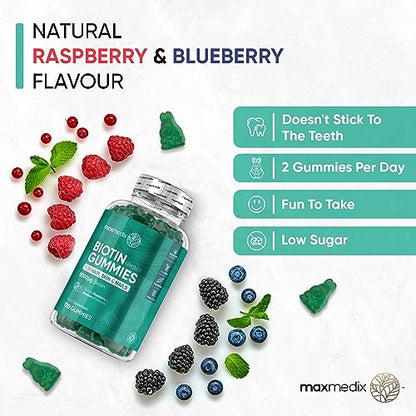 Biotin Gummies 5000mcg - with Vitamin A, B, C, D, E & Selenium – 120 Hair Nails and Skin - Maple Wellness Supplements