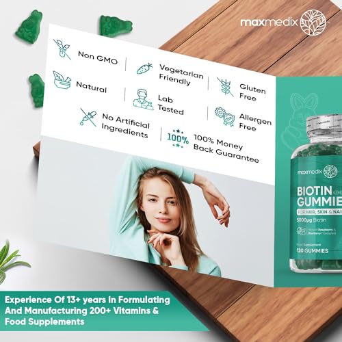 Biotin Gummies 5000mcg - with Vitamin A, B, C, D, E & Selenium – 120 Hair Nails and Skin - Maple Wellness Supplements