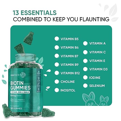 Biotin Gummies 5000mcg - with Vitamin A, B, C, D, E & Selenium – 120 Hair Nails and Skin - Maple Wellness Supplements
