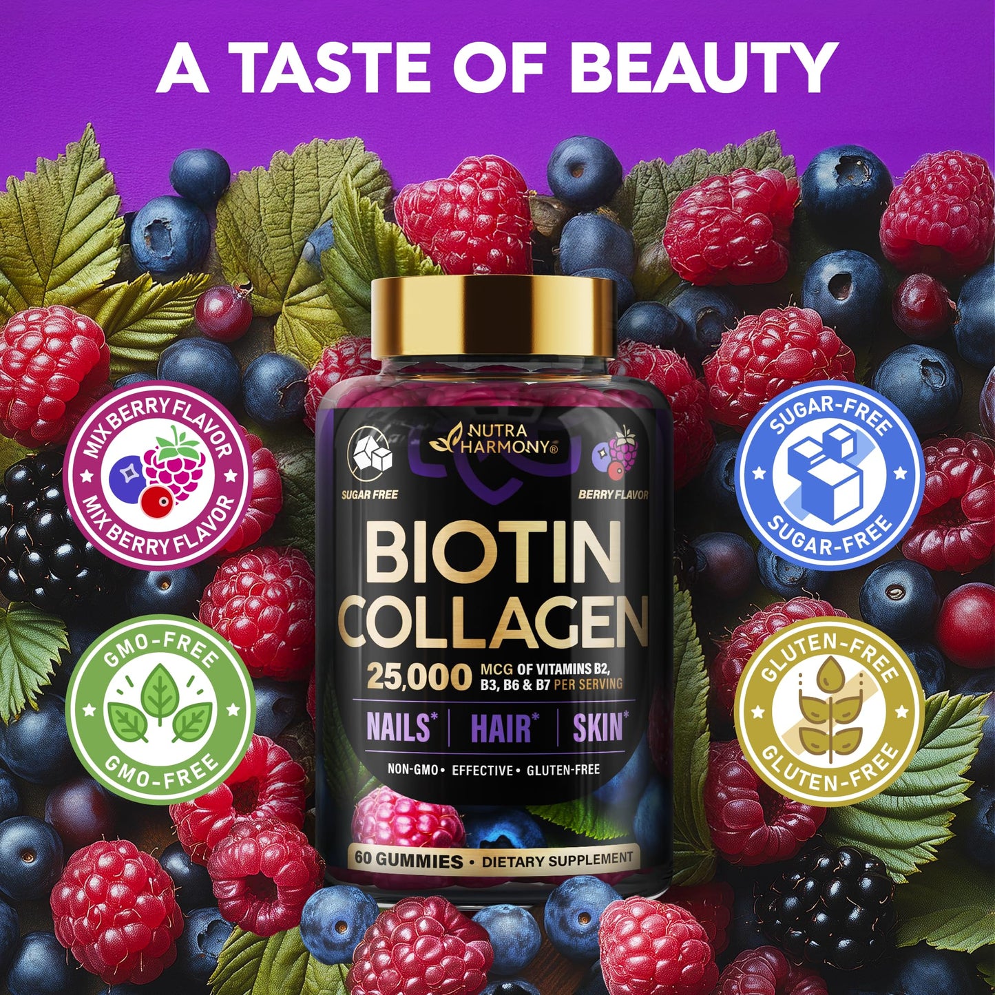 Biotin Gummies with Collagen - Hair Growth Support Skin, & Nail Strength - for Women & Men - Biotin 10000mcg | Keratin | Hyaluronic Acid | B-Complex | Saw Palmetto - Maple Wellness Supplements