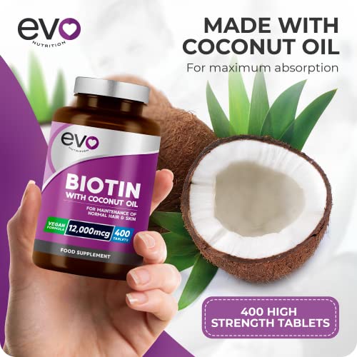 Biotin Hair Growth Supplement 12,000mcg with Coconut Oil | 400 High Strength Tablets - Maple Wellness Supplements