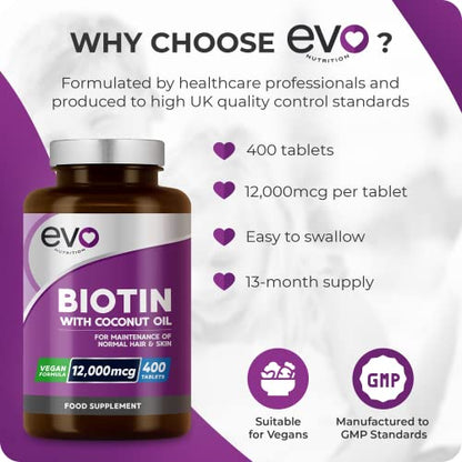 Biotin Hair Growth Supplement 12,000mcg with Coconut Oil | 400 High Strength Tablets - Maple Wellness Supplements