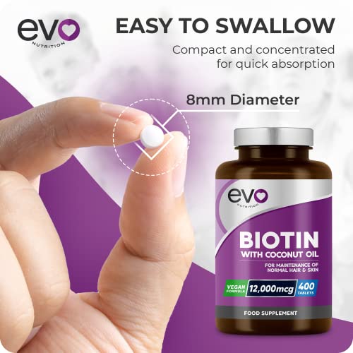 Biotin Hair Growth Supplement 12,000mcg with Coconut Oil | 400 High Strength Tablets - Maple Wellness Supplements