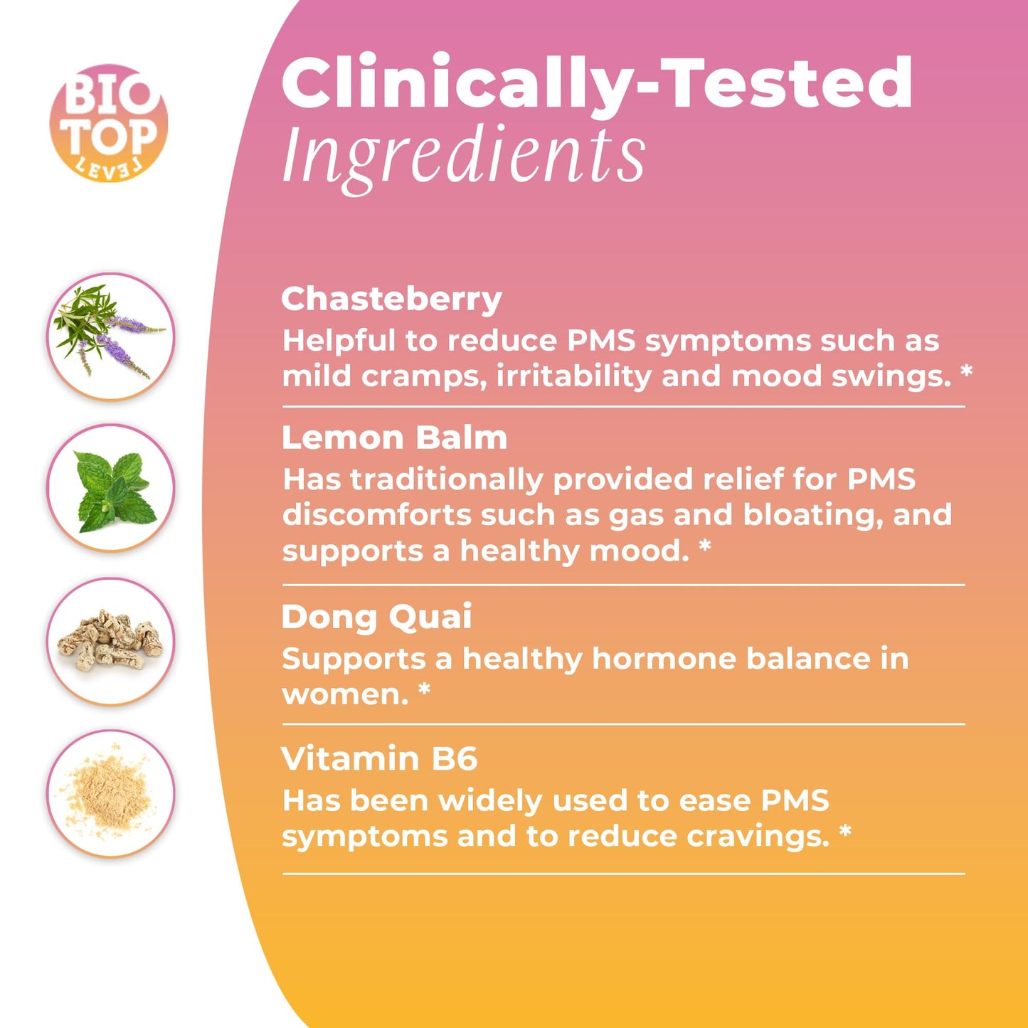 BIOTOPLEVEL PMS Support Supplement for Women & PMS Relief, Hormone Balance & Menstrual Period Relief for Cramps, Bloating & Mood Swings with Chasteberry, Vitamin B6, Lemon Balm, Dong Quai, 30 Count - Maple Wellness Supplements