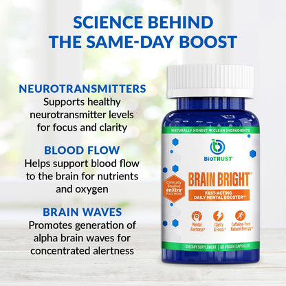 BioTrust Brain Bright – Daily Nootropic Boost for Focus, Concentration, Mental Clarity – Caffeine Free Nootropics Brain Support Supplement – Thai Ginger, Ginkgo, Folate, L-Theanine – 30 Servings - Maple Wellness Supplements