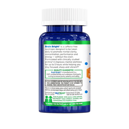 BioTrust Brain Bright – Daily Nootropic Boost for Focus, Concentration, Mental Clarity – Caffeine Free Nootropics Brain Support Supplement – Thai Ginger, Ginkgo, Folate, L-Theanine – 30 Servings - Maple Wellness Supplements