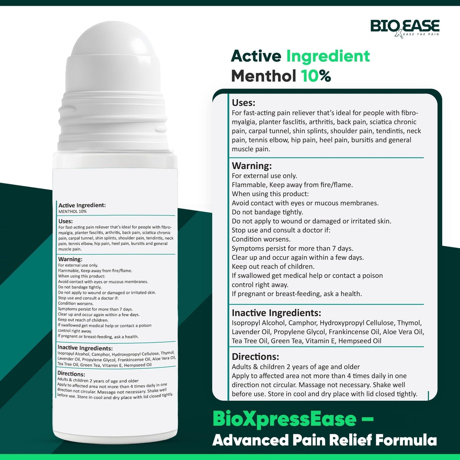 BioXPressEase Fast-Acting Hemp Pain Relief Roll On - Highly Effective, Cool & Topical Pain Relief Extra Strength for Muscle, Joint, & Back – Easy Roll On Maximum Strength - Made in USA - Maple Wellness Supplements