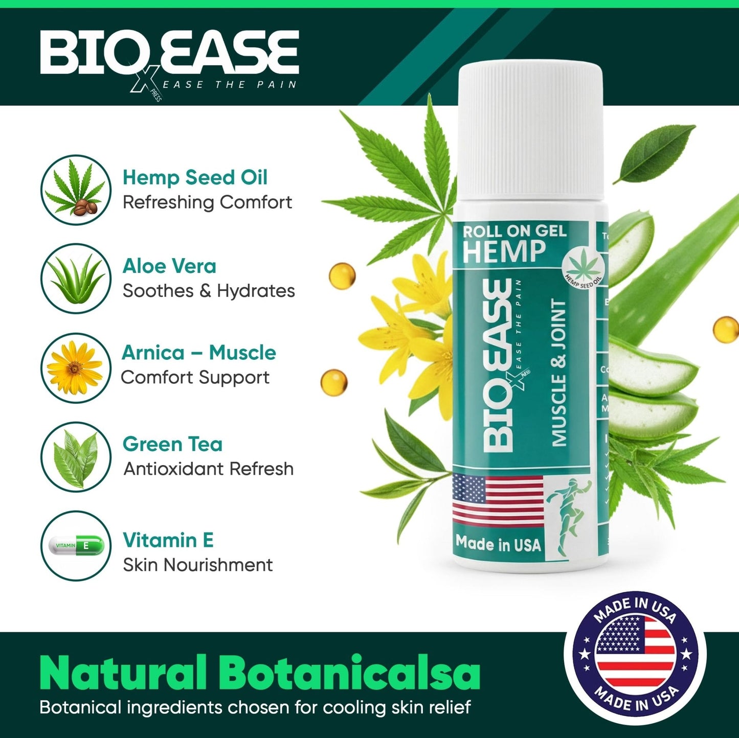 BioXPressEase Fast-Acting Hemp Pain Relief Roll On - Highly Effective, Cool & Topical Pain Relief Extra Strength for Muscle, Joint, & Back – Easy Roll On Maximum Strength - Made in USA - Maple Wellness Supplements