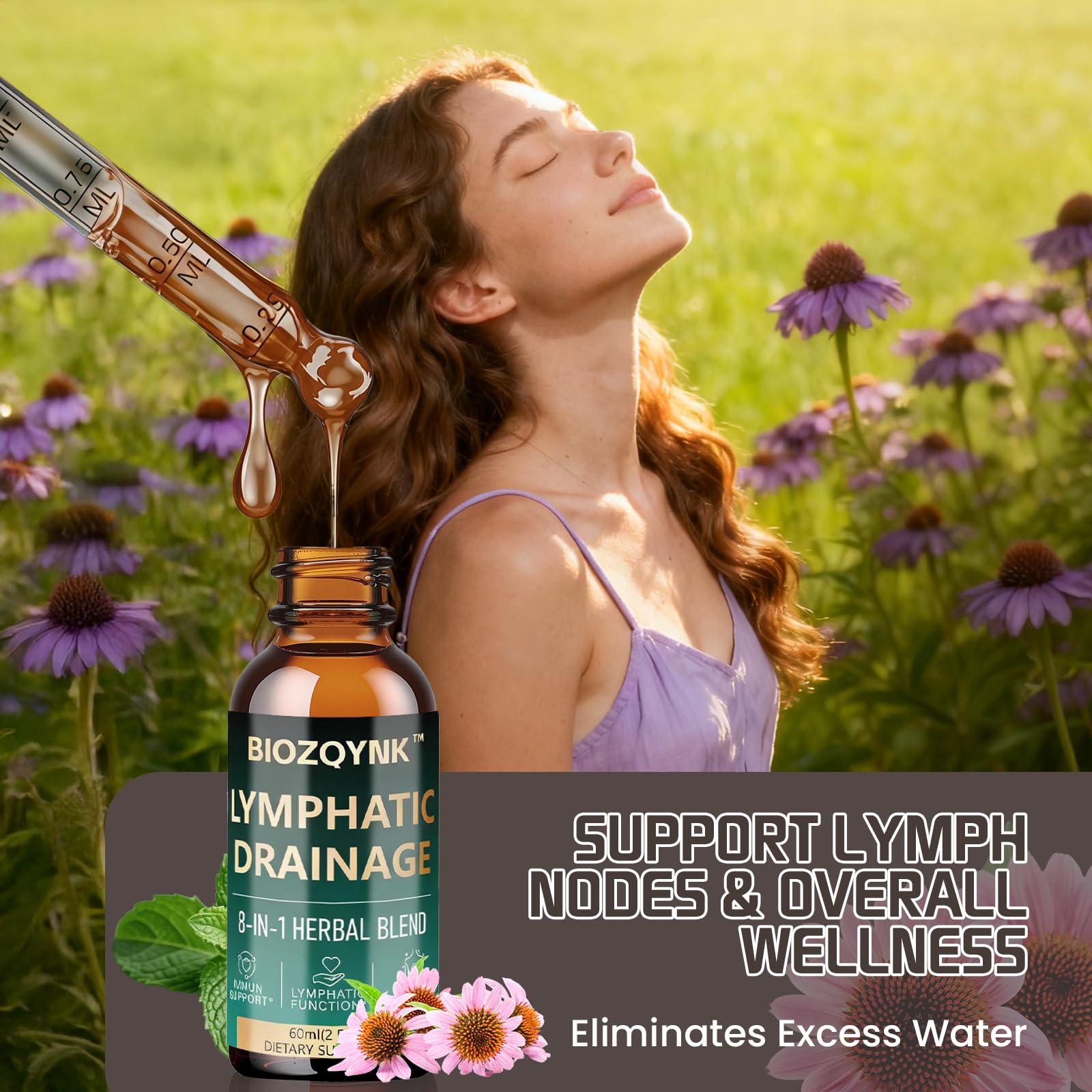 BIOZQYNK Lymphatic Drainage Liquid Drops – Herbal Extracts & Botanicals for Circulation, Immune & Detox Support – Alcohol-Free, Vegan (2 fl oz) - Maple Wellness Supplements