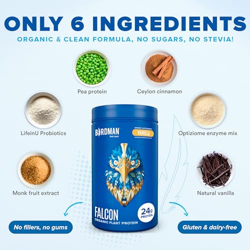 BIRDMAN Falcon Organic Vegan Protein Powder Vanilla, 24g Protein, Sugar Free, Probiotics - Maple Wellness Supplements
