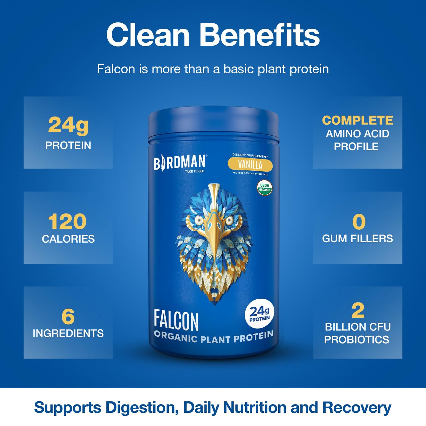 BIRDMAN Falcon Organic Vegan Protein Powder Vanilla, 24g Protein, Sugar Free, Probiotics, Low Carb, Keto Friendly, Dairy Free, Lactose Free, Non Whey - Maple Wellness Supplements