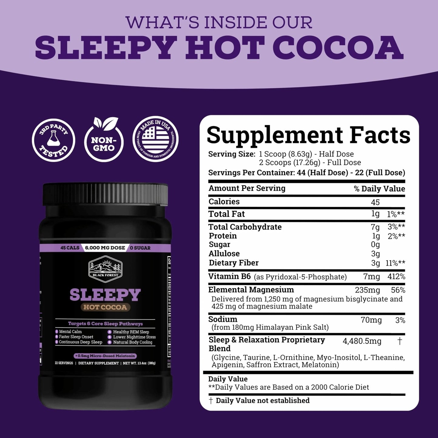 Black Forest Sleepy Hot Cocoa - Magnesium Hot Chocolate Sleepy Cocoa Sleep Powder for Adults with Melatonin & L-Theanine - Natural Sleep Drink Mix for Deep Sleep & Relaxation, - Maple Wellness Supplements
