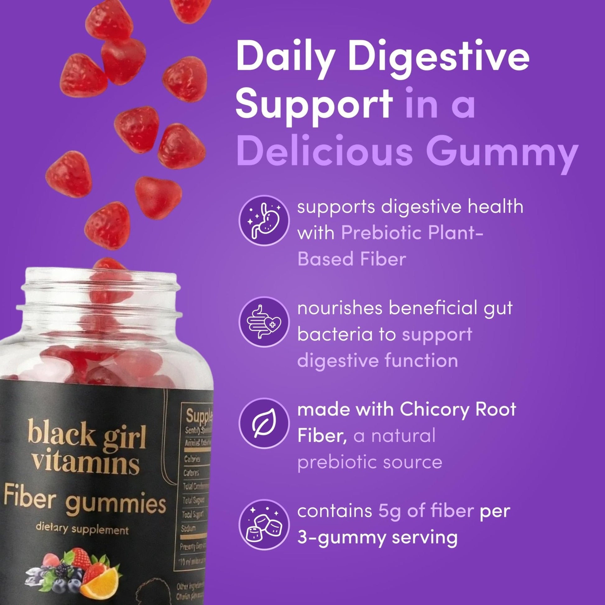 Black Girl Vitamins - Fiber Gummies - Prebiotic for Gut Health & Bloat Relief - Supports Digestion, Regularity & Microbiome Balance - Vegan, Gluten-Free, Halal - Maple Wellness Supplements