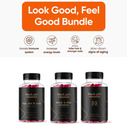 Black Girl Vitamins Look Good Feel Good Bundle – Hair Skin & Nails, Vitamin D3 2000IU & Once a Day Multivitamin - Women's Supplement Bundle - Maple Wellness Supplements
