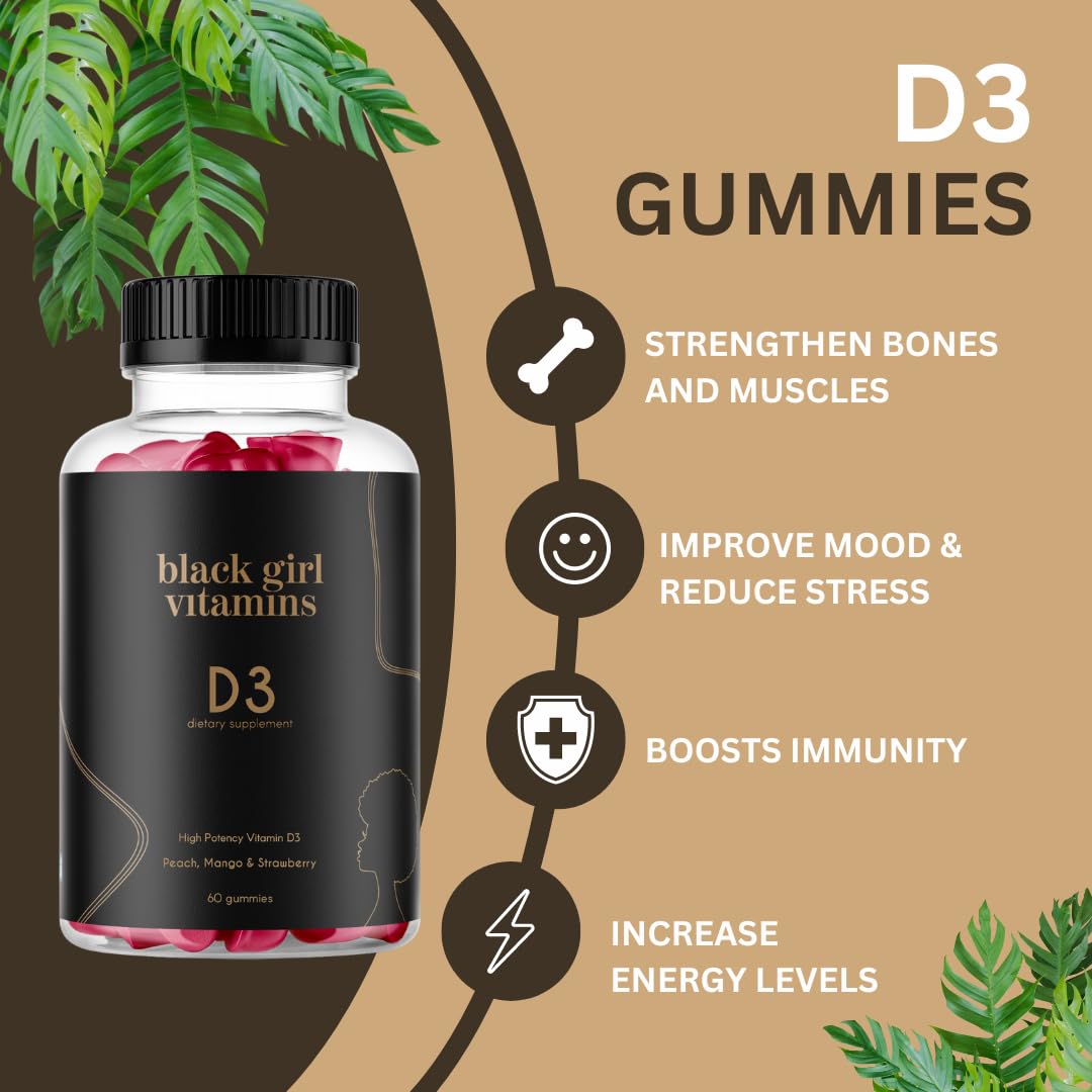 Black Girl Vitamins - Vitamin D3 Gummies, for Immune, Energy, and Bone Support, 2000IU (50mcg) Vitamin D per Serving - Maple Wellness Supplements