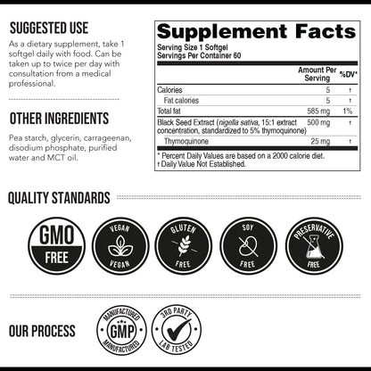 Black Seed Oil Softgels | 5% Thymoquinone - TQ-Advanced® | High Potency - 500 mg per Capsule - 15:1 Concentrate from Nigella Sativa Extract - Maple Wellness Supplements