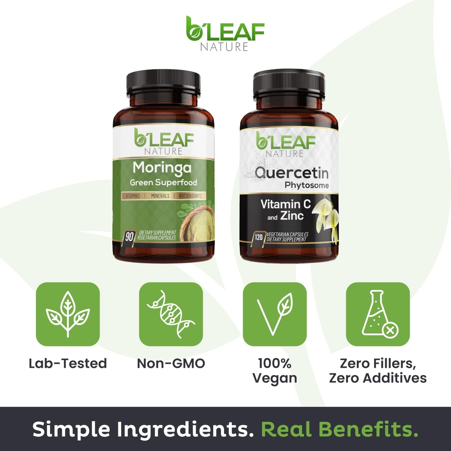 B'LEAF NATURE Moringa and Quercetin Bundle - Non-GMO, Vegan, High Absorption Capsules - 1000mg Quercetin Phytosome Blend + 1000mg Moringa - Natural Energy, Wellness and Immune Support Supplements - Maple Wellness Supplements