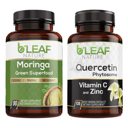 B'LEAF NATURE Moringa and Quercetin Bundle - Non-GMO, Vegan, High Absorption Capsules - 1000mg Quercetin Phytosome Blend + 1000mg Moringa - Natural Energy, Wellness and Immune Support Supplements - Maple Wellness Supplements