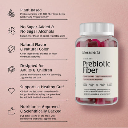 Blessments - Prebiotic Fiber Gummies for Adults & Kids with No Added Sugar- 5g (60 Count-2 Pack) High Fiber Supplement Gummies - Vegan - Keto Friendly - Maple Wellness Supplements