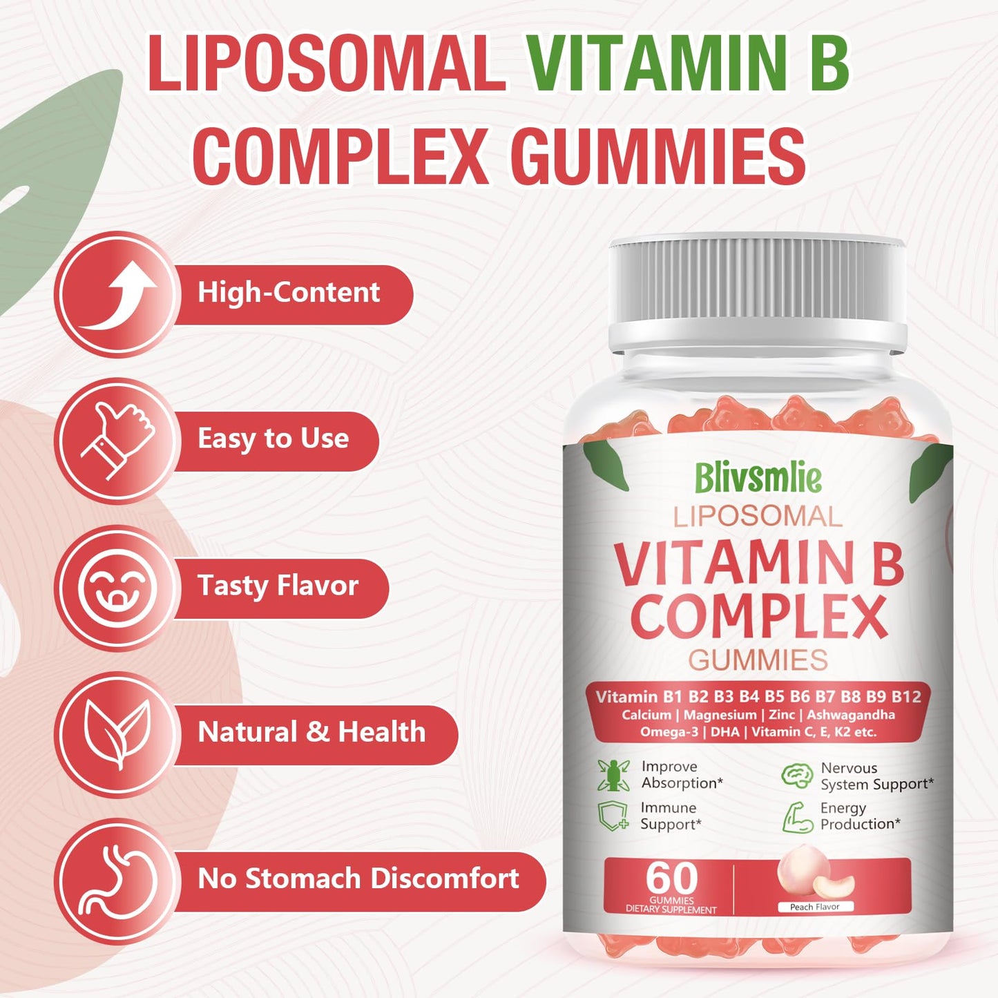 Blivsmlie 2 Pack 33-in-1 Liposomal Vitamin B Complex Gummies -B1, B2, B3, B4, B5, B6, B7, B8, B9,B12 | Vitamin C, D3,K2|Calcium,Magnesiun,Zinc etc.for Energy - Maple Wellness Supplements
