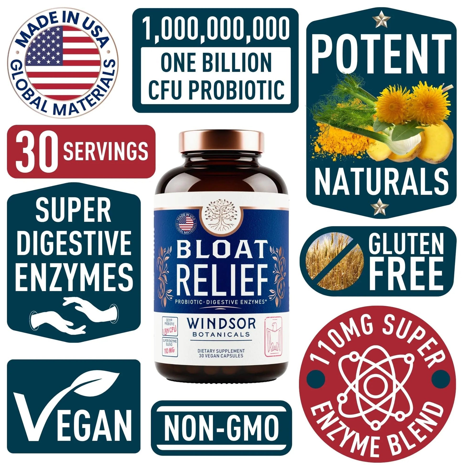 Bloat Relief Probiotic and Digestive Enzymes - Anti Bloating Turmeric, Fennel, Bromelain IBS Supplement - Detox Debloat Capsules Gas - Bloating Relief for Women and Men - 30 Gut Health Pills - Maple Wellness Supplements