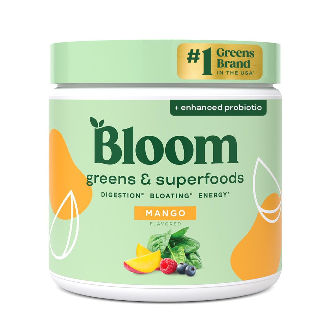 Bloom Nutrition Superfood Greens Powder, Digestive Enzymes with Probiotics and Prebiotics, Gut Health, Bloating Relief for Women, Chlorella, Green Juice Mix with Beet Root Powder, 30 SVG, Mango - Maple Wellness Supplements