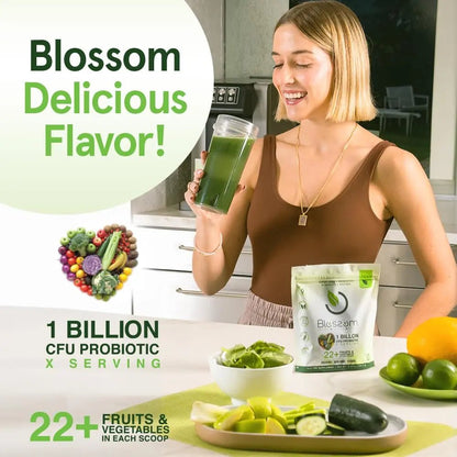 Blossom SuperGreens Probiotics – Digestive Enzymes with Pre/ProBiotics for Bloating Relief – 30+ SuperGreens & SuperReds to Boost Energy –Organic, Gluten-Free, No Fiber, 0g Sugar (Lemon Citrus) - Maple Wellness Supplements